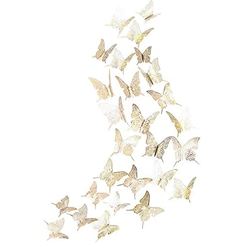 Cheerland 3D Champagne Gold Butterfly Wall Stickers Paper Butterflies Decal Decoration Removable Mural Stickers for Living Room Bed Room School Home Cake Decorations for Anniversary Engagement Party