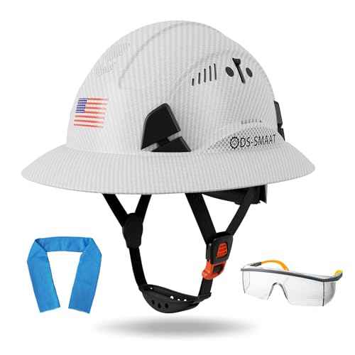 Structure Full Brim Hard Hat with Glasses and Cooling Towel Adjustable Ventilation Reflective Helmet ANSI Z89.1 Type OSHA Approved 6 Point Hanging Helmet for Industrial