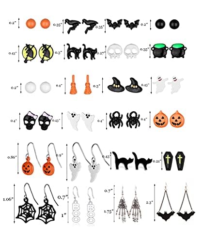 24 Pairs Halloween Earrings for Women Bat Witch Cat Earrings Set Spider Web Pumpkin Skull Dangle Earring Halloween Jewelry Accessories Costumes