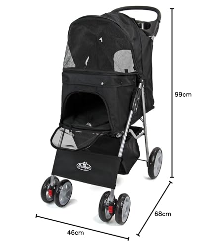Foldable Pet Stroller with Weather Protection and Swivel Wheels 15 kg Carrying Capacity - Black