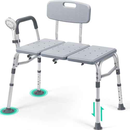 TABEKE Tub Transfer Bench for Bathtub, 500lb Shower Chair with Backrest & Armrest, Height Adjustable Shower Bench, Tool Free Assembly Shower Seat for Elderly and Disabled-Gray