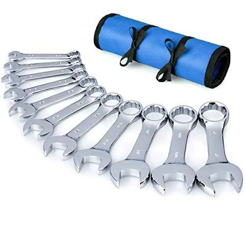 Premium Stubby Combination Wrench Set with Roll-up Pouch, 11-Piece, SAE, 3/8¡± to 1¡±, No Skipped Inch Size | Cr-V Steel, Mirror Polished Finish | Short Length and Slim Body, Perfect for Confined Areas