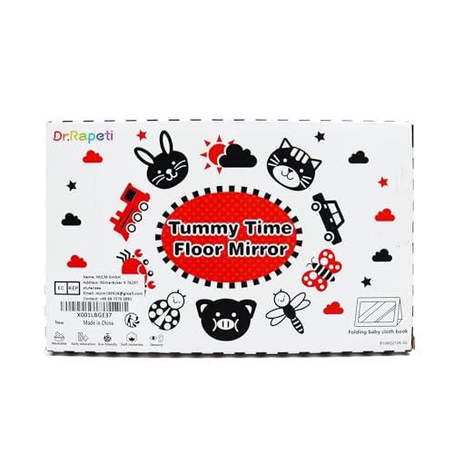 Dr.Rapeti Tummy Time Floor Mirror for Baby Infant Toddler Kids Black and White High Contrast Baby Toy with Teethers Floor Activity Toy Washable Non-Toxic