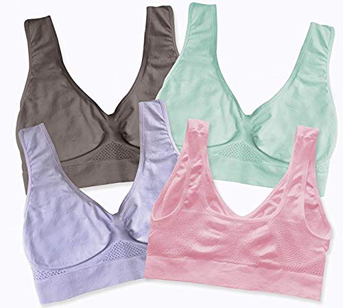 4-Pack Women's Seamless Wireless Cooling Unpadded Comfort Bra (Blue Glass, Lady Pink, Purple Heather, Neutral Gray, X-Large)