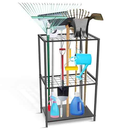 Garden Tool Organizer - Yard Tool Storage and Organizers, Utility Rack with 3 Hooks, Garden Yard Tool Stand Tower Racks, Tool Holder for Broom, Shovel, Rake, Mop, Garage Organization, Black