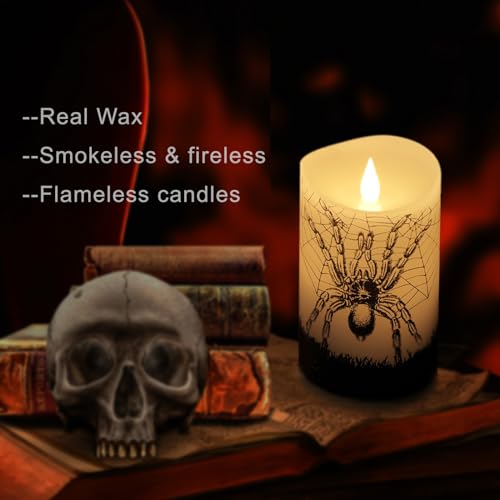 Softflame Halloween Flameless LED Candles with Remote Control, 3"x 5"Battery Operated Pillar Real Wax with Timer for Halloween Decorations, Spider Candle