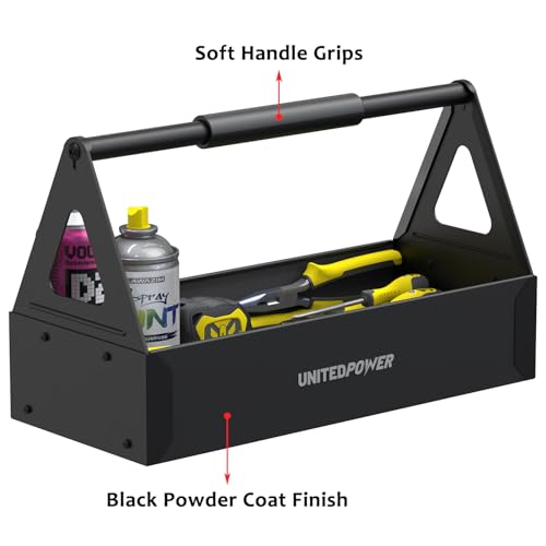 UNITEDPOWER Handy Tool Box, Portable Metal Tote Tray with comfortable grip handle, Tool Organization for Household, Warehouse, Repair Shop, Black