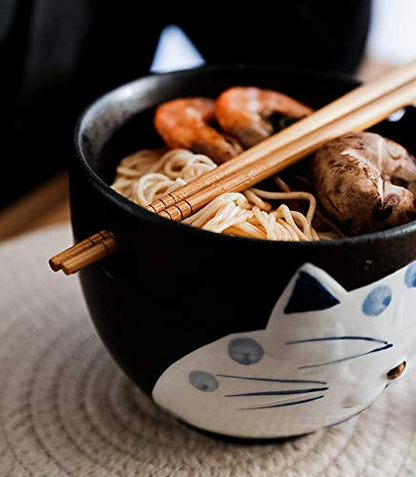 Happy Sales, Japanese Ramen Udon Noodle Soup Cereal Bowl With Chopsticks (BlackCat)