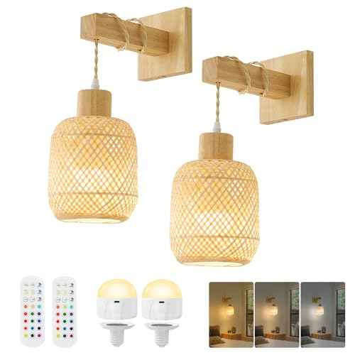 Boho Battery Operated Wall Sconce with Remote, Bamboo Lantern Wall Sconces Set of Two, 15 Colors Dimmable Rechargeable Wireless Wall Lights for Bedroom, Living Room Wall Decor