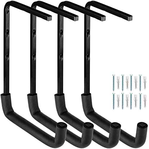 Heavy Duty Garage Storage Hooks, Overhead Garage Storage Rack, 4 Pack Wall Mounted Ladder Hook, Utility Ceiling Hangers & Organizer for Wood,Tools, Bicycle (10 x 14 Inch)