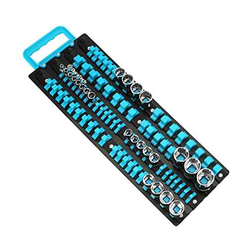 DURATECH Socket Organizer, 80-Piece Portable Socket Holder with Handle, ABS Sockets Tray Wall and Tool Cart Mounted, 1/4", 3/8", 1/2" Drive, Blue(Socket not Included)
