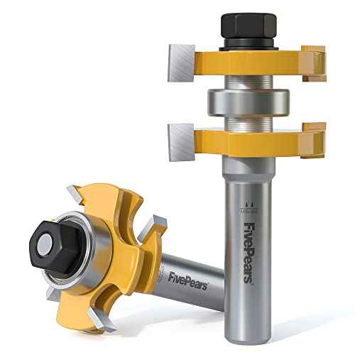 FivePears Adjustable Tongue and Groove Router Bit Set with 1/2 Inch Shank, Shaker Style 3 Teeth T Shape Wood Milling Router Bit for Match Oak Hardwood Floor Wainscoting Boards Joinery