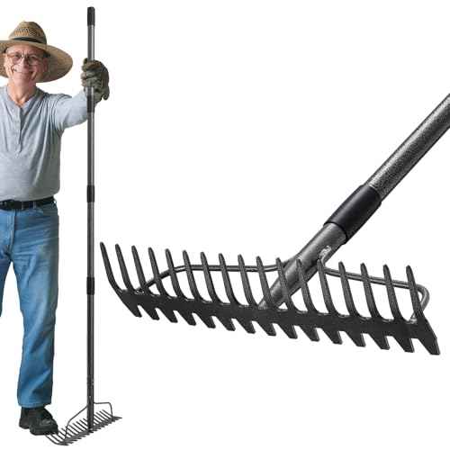 Adjustable Bow Rake Heavy Duty, Dual-Sided Steel Garden Rake Tool for Gathering Leaves, Pine Straw, Thatching, Breaking Up Soil, Leveling Gravel