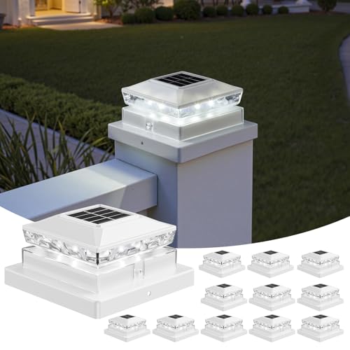 Solar Post Cap Lights, 6500K Cool White IP65 Waterproof Solar Powered Fence Light for 4x4 Wood Post & 5x5 Vinyl Fence, Deck Patio Garden Yard Outdoor Landscape Lighting, ABS Material