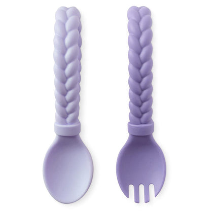 Itzy Ritzy Silicone Spoon & Fork Set; Baby Utensils Featuring a Baby Fork and Spoon with Looped, Braided Handles - Made of 100% Food Grade Silicone & BPA-Free - Ages 6 Months and Up (Amethyst/Purple)