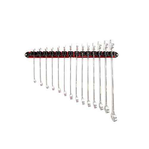 Olsa Tools Wall-Mounted Wrench Rack - Red Anodized Aluminum Rail with Black Clips - Stores 14 SAE or Metric Wrenches Securely - Professional Organizer - Part: 1028
