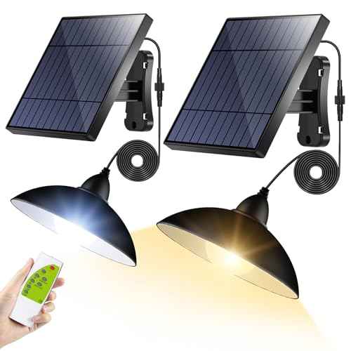 intelamp Solar Pendant Lights Indoor Outdoor, 2 Packs 4000mAh Gazebo Shed Chandeliers with Remote All Day/Night Mode 16.4Ft Hanging Warm White Lighting for Outside Barns Chicken Coop