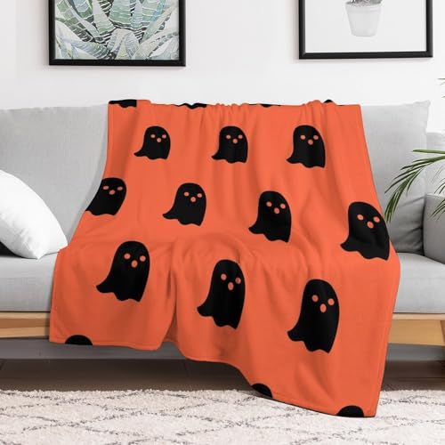 Soft Ghost Throw Blanket Warm Halloween Blanket Cozy Fluffy Lightweight Halloween Blanket for All Seasons Ghost Cute Blanket for Living Room Sofa Bed, 50"x60", Orange