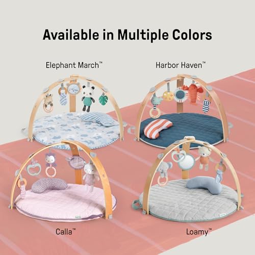 Ingenuity, Cosy Spot Reversible Duvet Activity Gym and Padded Play Mat with Wooden Removable Toy Bar, 6 Detachable Toys, Foldable for Easy Transport, Neutral Design - Loamy, Ages Newborn +