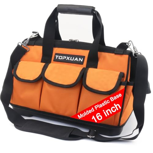 Tool Bag 16 Inch Molded Plastic Base Heavy Duty Waterproof Orange Tool Organizer Wide Mouth With Shoulder Strap for Power Tools and Hand Tools Oxford Cloth Fabric (16 Pockets)