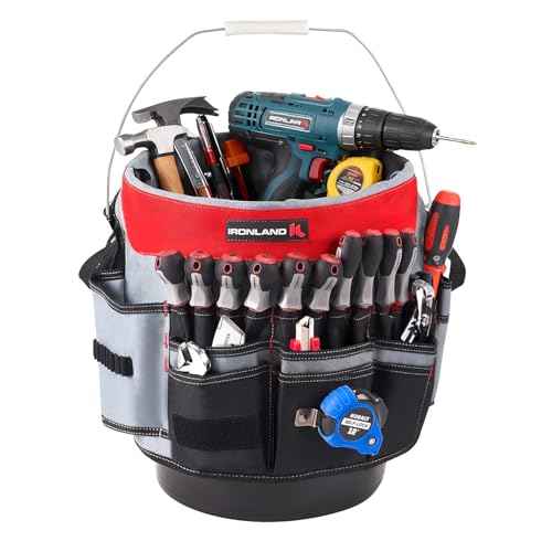 IRONLAND Bucket Tool Organizer Fit 3.5-5 Gallon Bucket, 64 Pockets, Bucket Tool Caddy Organization for Garden, Construction, Carpenter, Electrician, Builder red