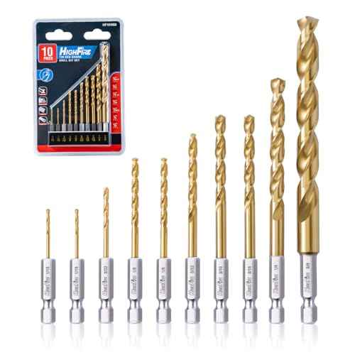 HIGHFIRE 10 Pieces Hex Shank Drill Bit Set for Impact Driver, 3/8¡° HSS Twist Titanium Drill Bits for Metal, Hex Drive Quick Change Drill Bits Set