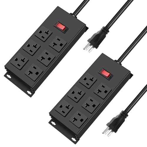 JUNNUJ 20 Amp Power Strip Heavy Duty 2 Pack, Garage 6 Outlets Metal 12 Gauge Surge Protector 3000J, High Amp 5-15P Adapter Shop 6-20R T-Slot Industrial (6AC 2-Pack, 4FT)