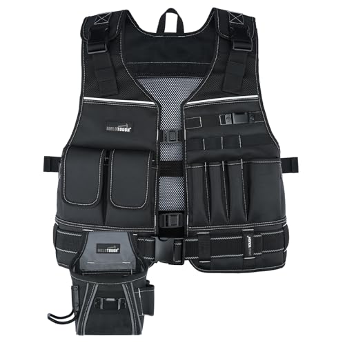 MELOTOUGH Tool Vest for Men with Pouches and Belt, Adjustable Multi-Pocket Safety Tool Vest for Electrician, Carpenter(Black)