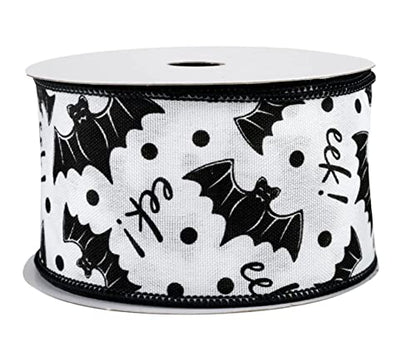 Bats Eek! Halloween Wired Ribbon - 2 1/2" x 10 Yards, Black & White, Wreath, Trick or Treat, Party, Haunted House, Fundraiser, Classroom, Daycare