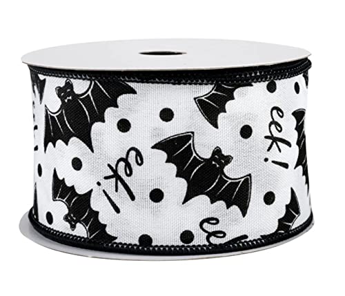 Bats Eek! Halloween Wired Ribbon - 2 1/2" x 10 Yards, Black & White, Wreath, Trick or Treat, Party, Haunted House, Fundraiser, Classroom, Daycare