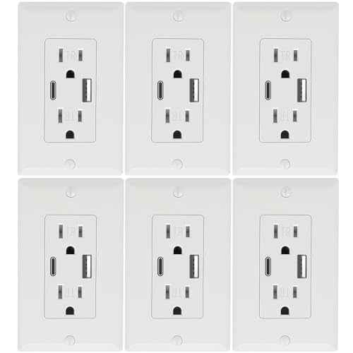 6 Pack - POWAWINI Wall Outlet 15 Amp, UL Listed, USB C & USB A Port, Self-Test with LED Indicator, Tamper-Resistant Receptacle with Decor Wall Plates and Screws (White)