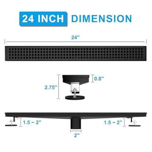 24 Inch Black Linear Shower Drain, Rectangular Shower Floor Drains with Square Hole Cover, 304 Stainless Steel Linear Drain with Leveling Feet, Hair Strainer (Matte Black)