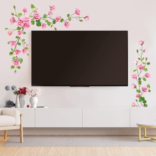 SHUCHING Pink Rose Wall Stickers Peel and Stick, Flower Wall Decals, Vinyl Art for Girl Bedroom Living Room Sofa Backdrop TV Wall Decor
