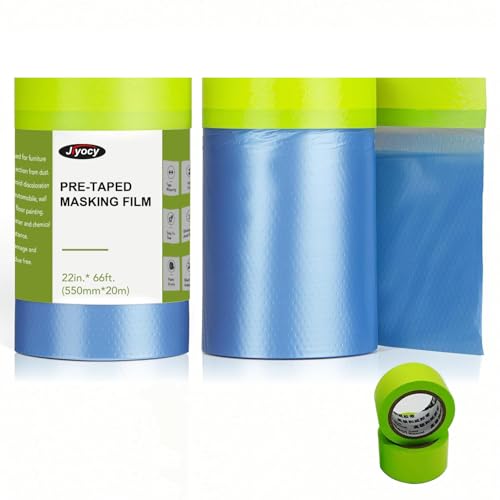 Pre-Taped Masking Film for Painting ? 22" x 66' Plastic Sheeting with Automotive Paint Tape, Easy Tear, No Residue ? Painter¡¯s Tape and Drape for Car, Wall, Window & Furniture Protection