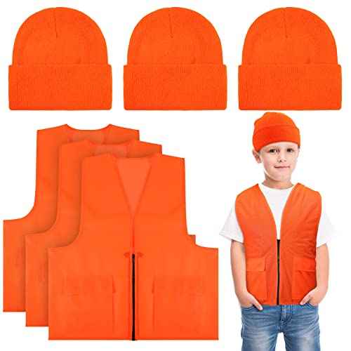 Jiuguva 6 Pcs Kids Hunting Safety Vest and Hat Set - Blaze Orange Construction Vest and Knitted Hat for Boys Girls