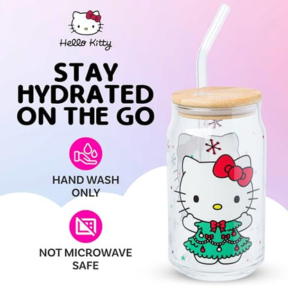 Silver Buffalo Sanrio Hello Kitty Holiday Glass Tumbler with Bamboo Lid and Glass Straw, 16 Ounces