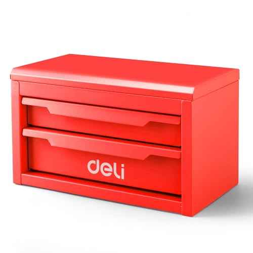DELI Mini Tool Box with 2 Drawers and Top Storage, Small Metal Tool Box for Garage, Office, Vanity. Perfect for Small Item Storage Organizer, Red
