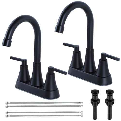 SHACO Black Bathroom Faucets for Sink 3 Hole, 2 Handle 360 Swivel Spout Stainless Steel 4 Inch Centerset Faucet for Vanity RV with Pop-up Drain and Supply Hoses, 2 Pack