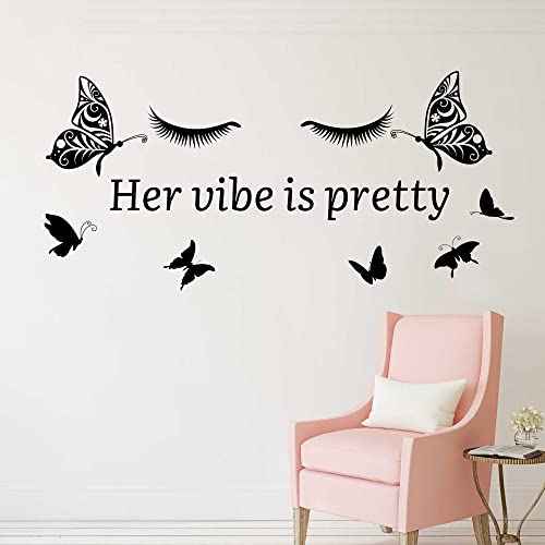 Her Vibe is Pretty Wall Decals Vinyl Inspirational Wall Decal Quotes Butterfly Eyelash Stickers Motivational Sayings Black Positive Lettering Wall Decals for Woman Girls Bedroom Living Room Bathroom