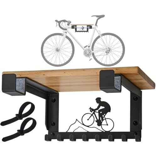 Bike Rack Wall Mount with Shelf and 8 Hooks Offer Horizontal Indoor Bike Storage for Sheds Garages. Wooden Bike Rack Bracket for Road, Mountain, Travel Bicycles, Maximizing Space