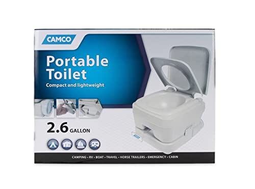 Camco 2.6-Gallon Portable Toilet - Features Detachable Holding Tank w/Sealing Slide Valve & Bellow-Type Flush - Easy Transport w/Compact Lightweight Design & Carry Handle - Gray (41531)