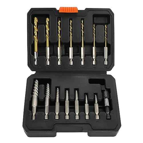 15PCS Stripped Screw Extractor Set, 6542/4341 HSS Steel Left Hand Drill Bit Set Easy Out Screw Extractor Set | 1/4'' Adaptor | Broken Screw Extractor Kit Removing Stripped Screws Bolts