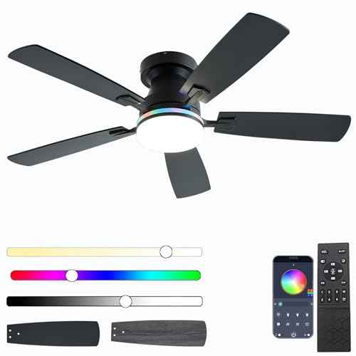 Ceiling Fans with Lights, 48 inch Low Profile Ceiling Fan with Light and Remote Control, Flush Mount RGB Dimmable Light, Noiseless, Black Ceiling Fan for Bedroom Indoor/Outdoor Use