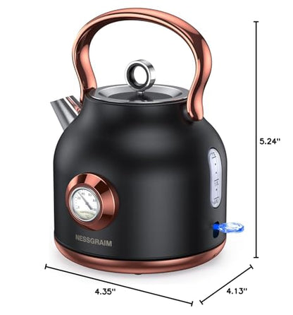 NESSGRAIM Retro Electric Kettle, 1.7L Stainless Steel Tea Kettle with Large Temperature Gauge, 1500W Fast Heating Hot Water Boiler with LED Indicator, Auto Shut-off & Boil-Dry Protection-Reteo Black