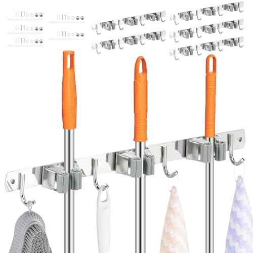 5Pcs 3 Racks 4 Hooks Stainless Steel Broom Mop Holder Anti Slip Wall Mount Broom Storage Rack Strong Load Bearing Waterproof Mop Broom Organizer for Bathroom Kitchen Garage