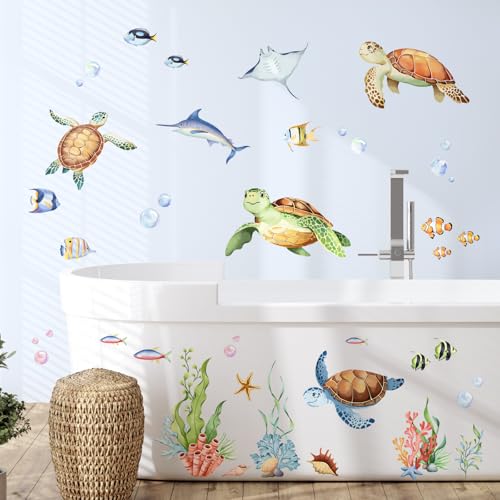 Under The Sea Wall Decals, Sea Turtles Jellyfish Wall Stickers Rays Coral Seaweed Peel and Stick Wall Decal Self Adhesive Wall Art Sticker for Baby Nursery Kids Room Home Decor