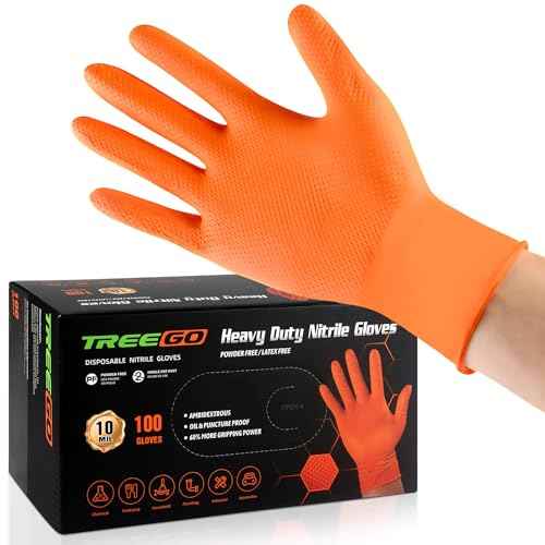 TREEGO 10 Mil Orange Nitrile Gloves Large ? Heavy Duty Disposable Latex & Powder Free, Chemical Resistant, Diamond Grip for Industrial, Automotive, Cleaning ? 100 Count