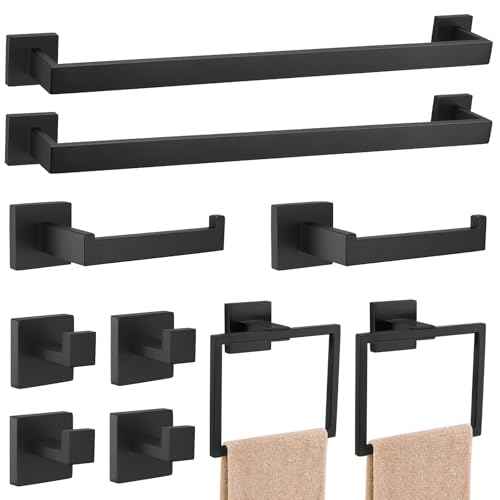 Black Towel Bar Bathroom Accessories Set, 23.6Inch Towel Rack for Bathroom, 10 Pieces SUS304 Stainless Steel Towel Racks Toilet Paper Holder Set for Bathroom Wall Mounted