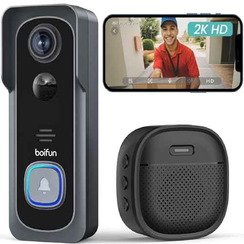 BOIFUN Doorbell Camera Wireless ? No Subscription Required, 2K HD, 166¡Æ Wide View, 2.4?GHz Wi?Fi Only, HDR Night Vision, Motion Alerts, Two?Way Audio & Battery Video Doorbell with Chime