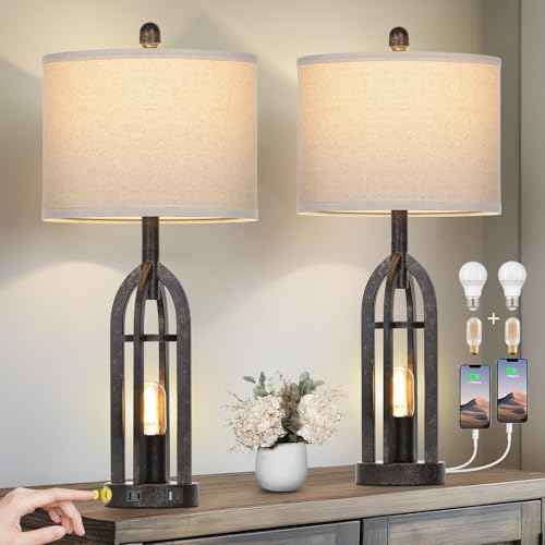 27" Rustic Table Lamps for Living Room - Farmhouse Lamps Set of 2 with USB C+A & Outlet, 3-Way Dimmable Touch Lamps for Night Stands, Vintage Bedside Lamp for End Tables,Bedroom,Bronze